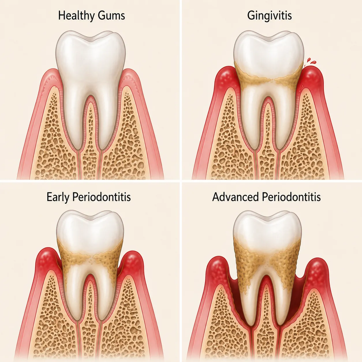 Stages of progression from healthy gums to gingivitis, early periodontitis and advanced periodontitis